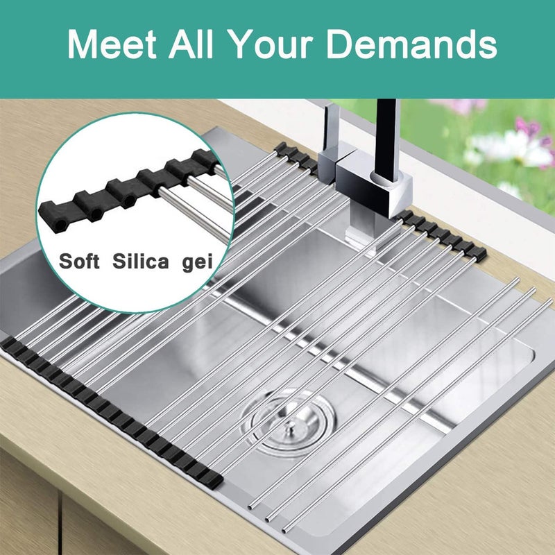 CLEMATIS Foldable Dish Drying Rack, Roll-up Dish Rack, Multi-Use Silicone Stainless Steel Dish Racks, Drainers Mat for Drying Kitchen Dishes, Cups, Fruits, Vegetable - Image 2