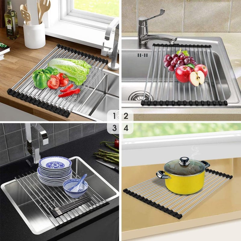 CLEMATIS Foldable Dish Drying Rack, Roll-up Dish Rack, Multi-Use Silicone Stainless Steel Dish Racks, Drainers Mat for Drying Kitchen Dishes, Cups, Fruits, Vegetable - Image 4