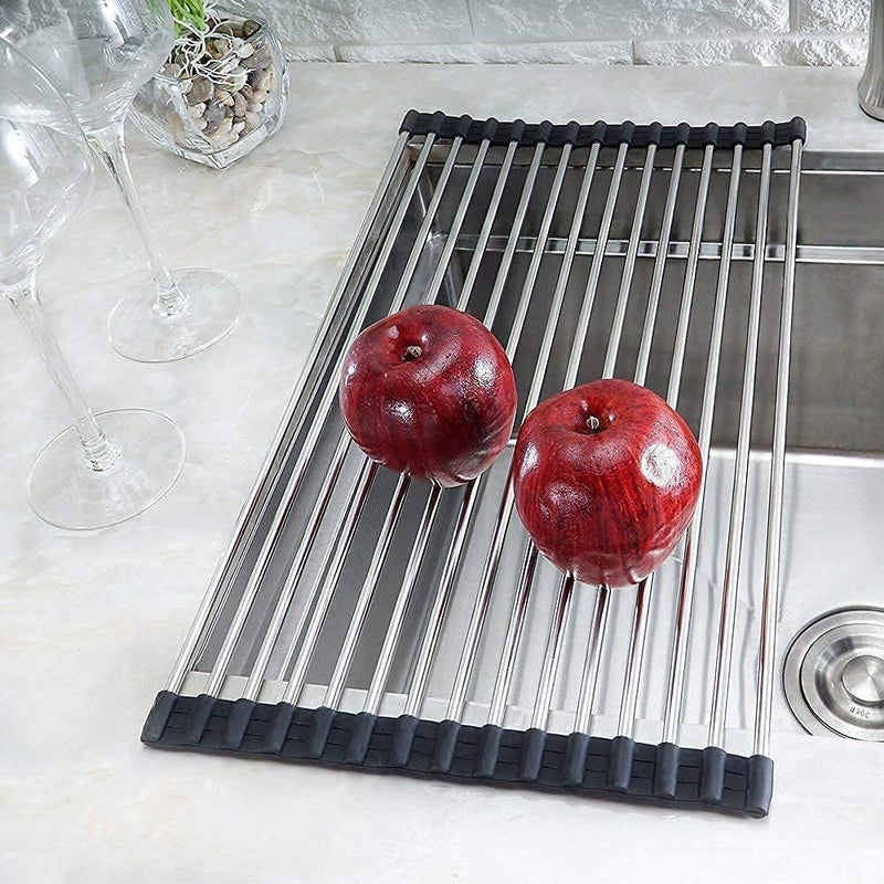 CLEMATIS Foldable Dish Drying Rack, Roll-up Dish Rack, Multi-Use Silicone Stainless Steel Dish Racks, Drainers Mat for Drying Kitchen Dishes, Cups, Fruits, Vegetable - Image 5