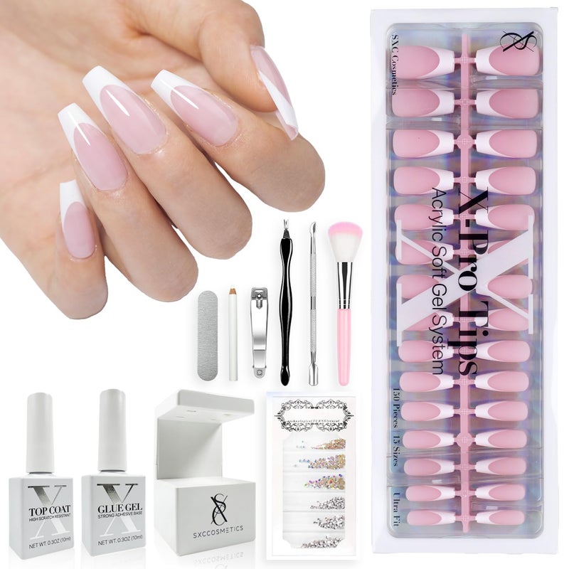 SXC Cosmetics French Tip Press On Nails Pink Series, Medium Coffin X-Pro Tips Starter Kit - Image 1