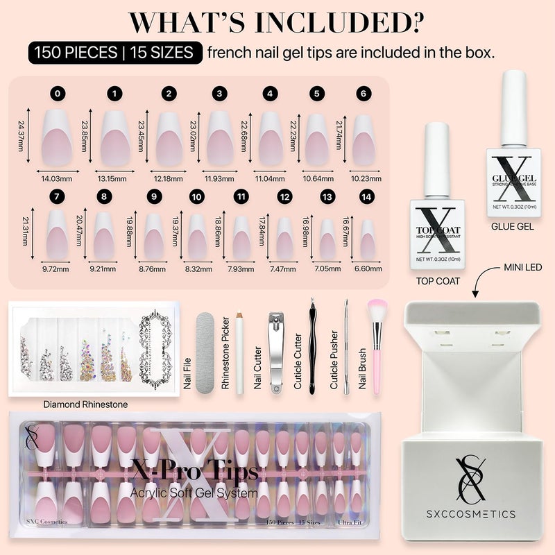 SXC Cosmetics French Tip Press On Nails Pink Series, Medium Coffin X-Pro Tips Starter Kit - Image 3