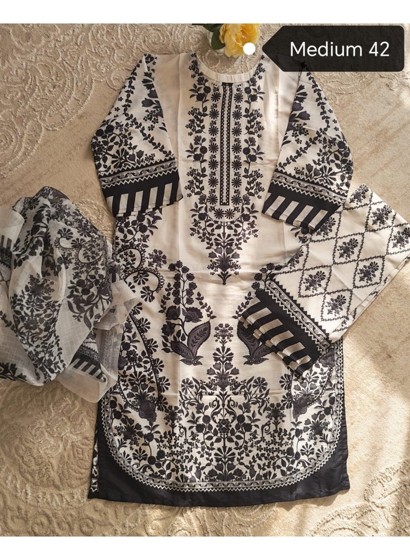 Women's Black & White Printed Summer Lawn 3-Piece Suit - Medium 42 - Image 3