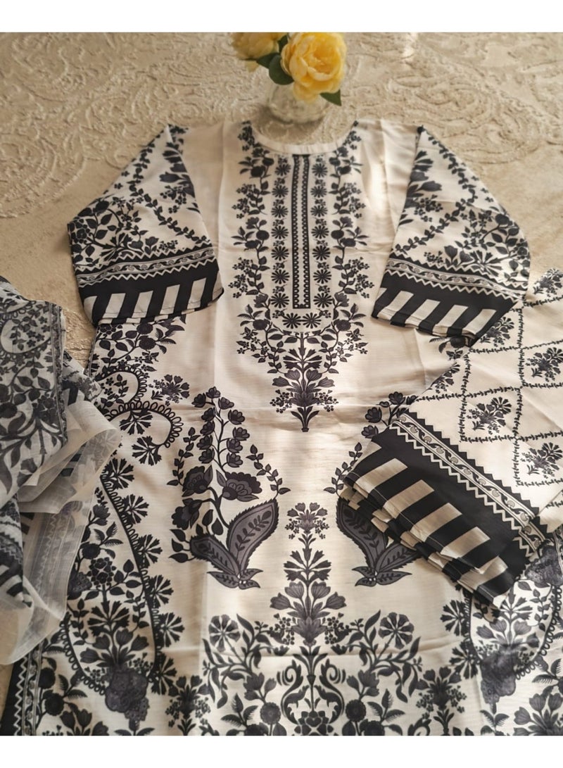 Women's Black & White Printed Summer Lawn 3-Piece Suit - Medium 42 - Image 2