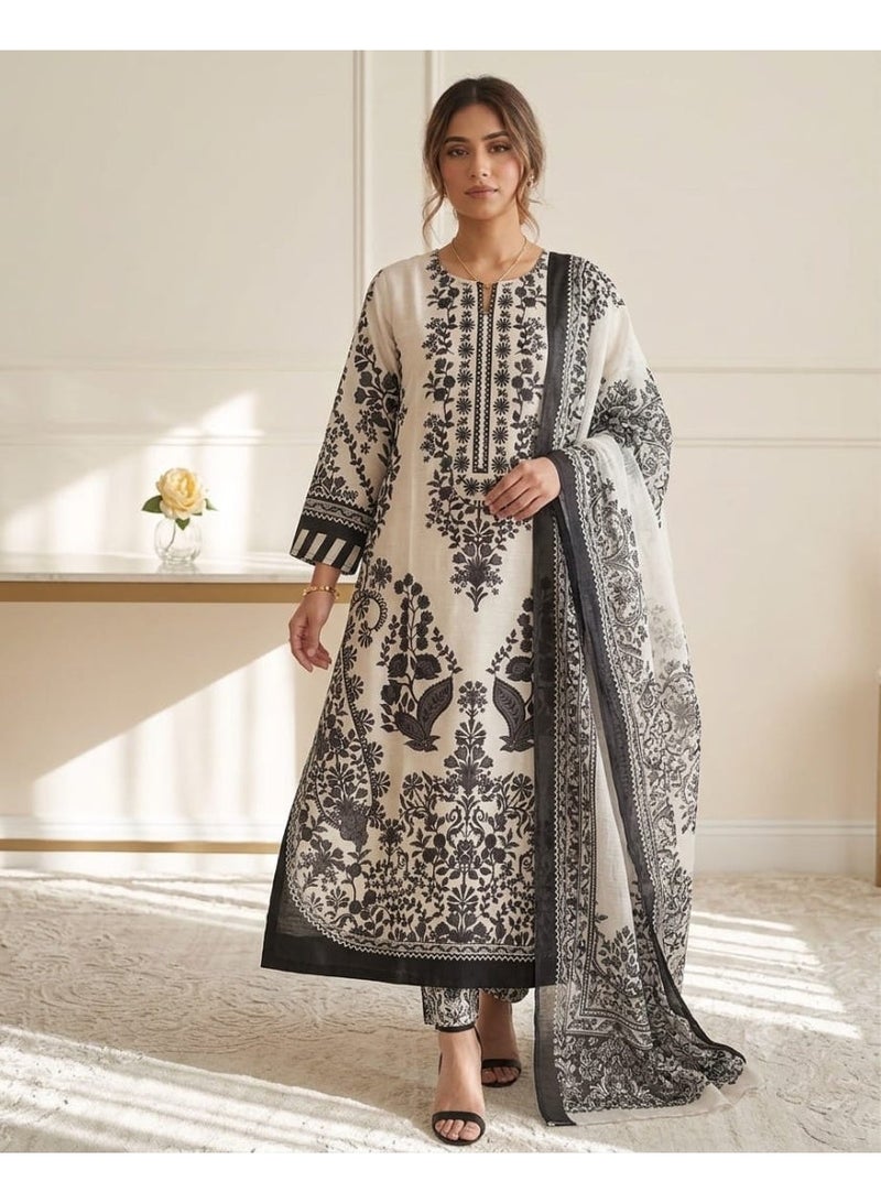 Women's Black & White Printed Summer Lawn 3-Piece Suit - Medium 42 - Image 1