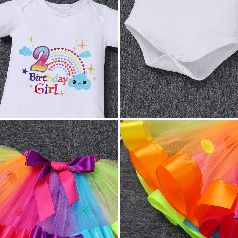 ODASDO Boho Rainbow Baby Girl 2nd Birthday Outfit Second Birthday Party Cake Smash Set Short Sleeve Romper Tutu Skirt Bowknot Headband Badge Sash 5pcs Set Rainbow Cloud 2T - Image 5
