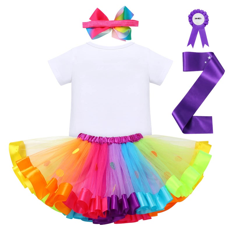 ODASDO Boho Rainbow Baby Girl 2nd Birthday Outfit Second Birthday Party Cake Smash Set Short Sleeve Romper Tutu Skirt Bowknot Headband Badge Sash 5pcs Set Rainbow Cloud 2T - Image 2
