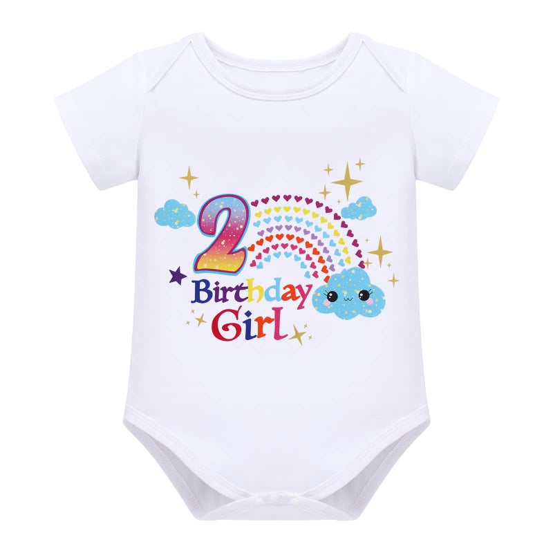 ODASDO Boho Rainbow Baby Girl 2nd Birthday Outfit Second Birthday Party Cake Smash Set Short Sleeve Romper Tutu Skirt Bowknot Headband Badge Sash 5pcs Set Rainbow Cloud 2T - Image 3
