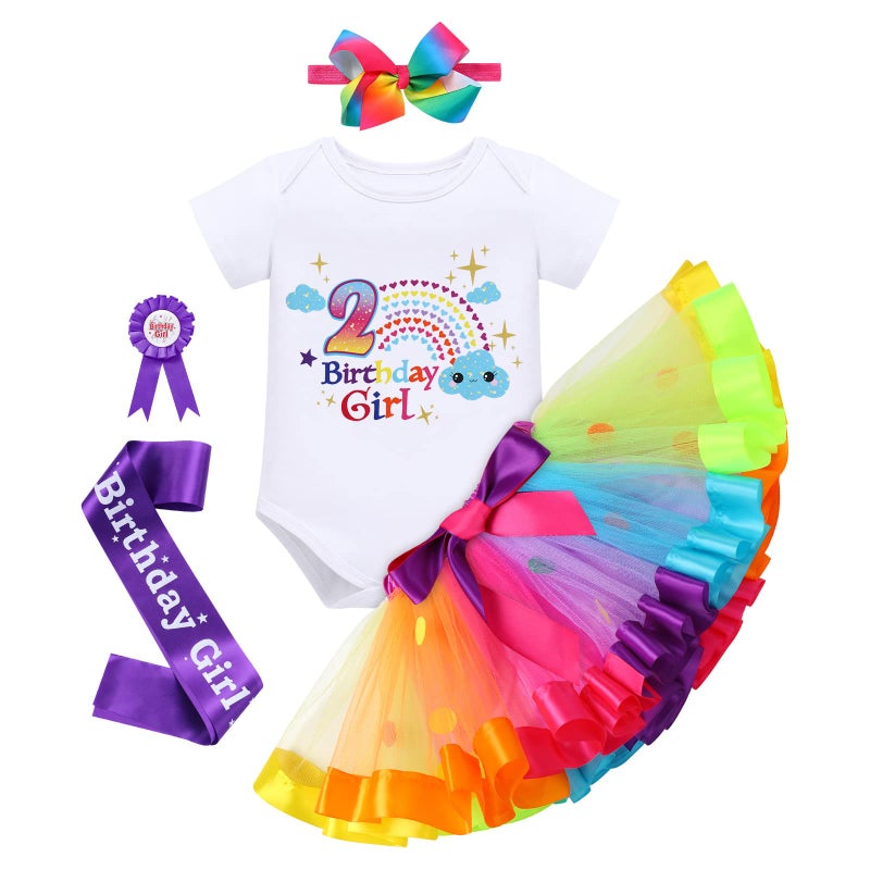 ODASDO Boho Rainbow Baby Girl 2nd Birthday Outfit Second Birthday Party Cake Smash Set Short Sleeve Romper Tutu Skirt Bowknot Headband Badge Sash 5pcs Set Rainbow Cloud 2T - Image 1