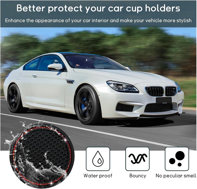 Dickno 4 PCS Bling Car Cup Coaster 275 Inch Crystal Rhinestone Auto Cup Holder Insert Coaster AntiSlip Durable Car Drink Cup Mat Universal Vehicle Interior Decor Accessories Black Red - Image 4