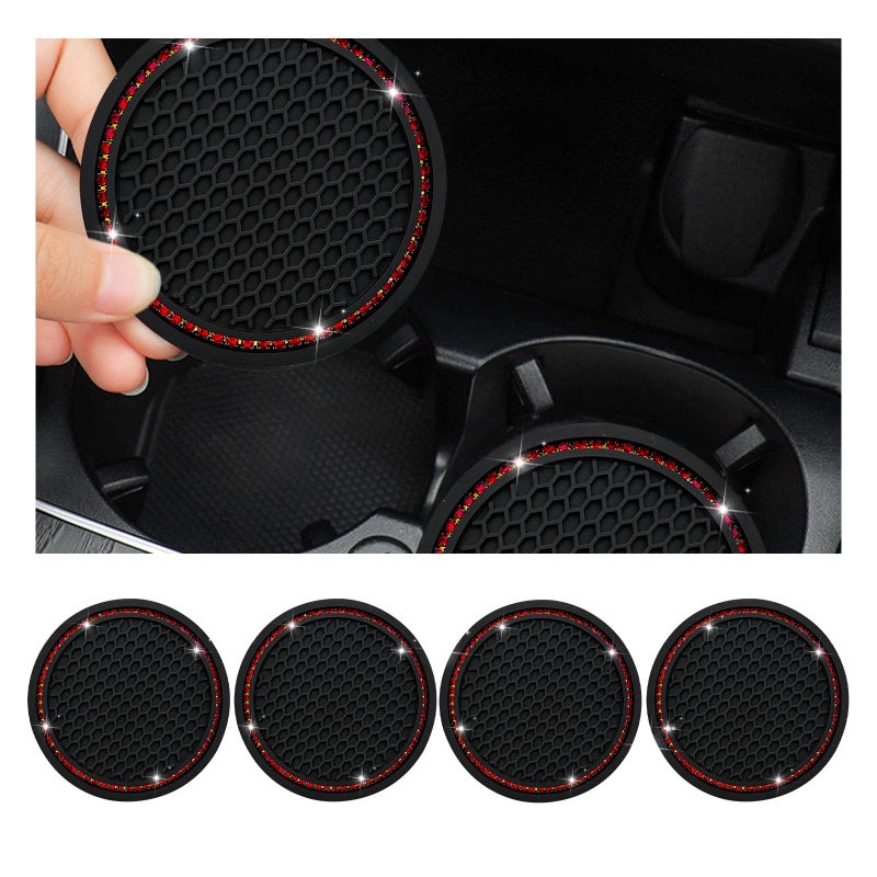 Dickno 4 PCS Bling Car Cup Coaster 275 Inch Crystal Rhinestone Auto Cup Holder Insert Coaster AntiSlip Durable Car Drink Cup Mat Universal Vehicle Interior Decor Accessories Black Red - Image 3