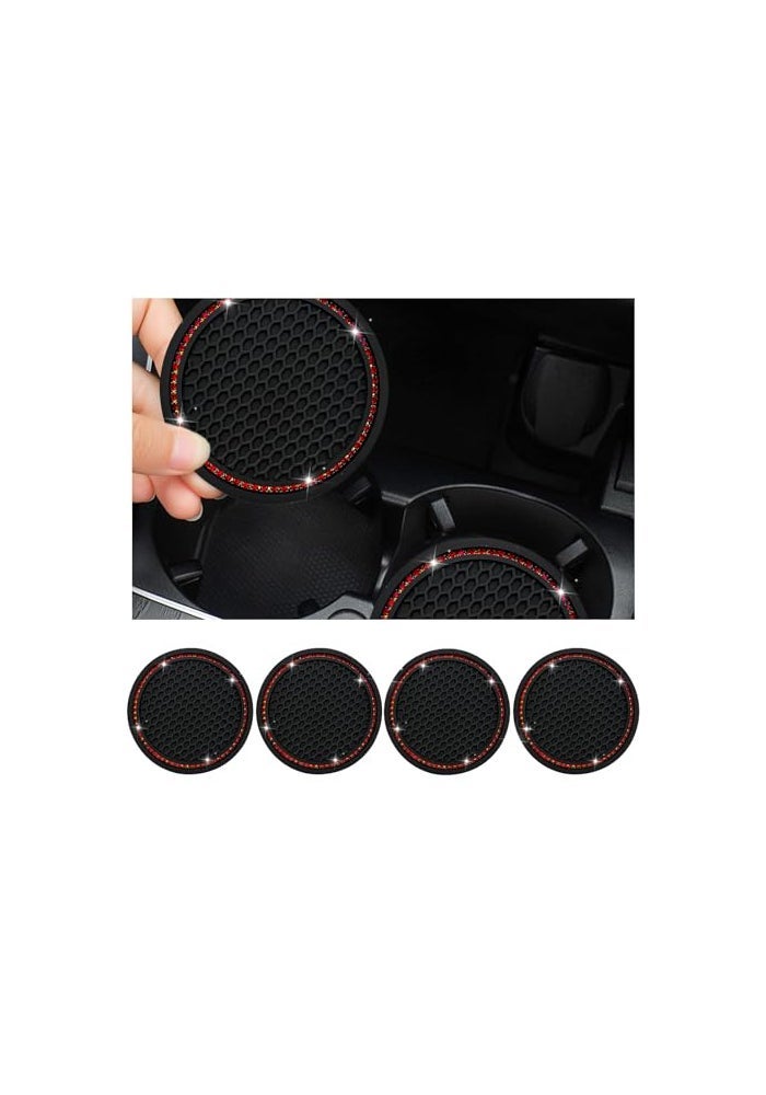 Dickno 4 PCS Bling Car Cup Coaster 275 Inch Crystal Rhinestone Auto Cup Holder Insert Coaster AntiSlip Durable Car Drink Cup Mat Universal Vehicle Interior Decor Accessories Black Red - Image 1