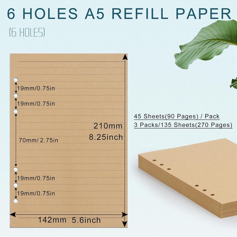 Toplive [3 Pack] A5 Refill Paper - 100GSM Thick 6 Hole Filler Inserts, 135 Sheets (270 Pages) for 6 Ring Binder Journal Notebook, Lined Kraft - Image 2