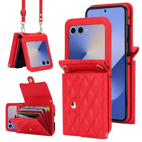 XIMAND for Samsung Galaxy Z Flip 7 Accordion Crossbody Wallet Case 4 Card Slots RFID Blocking and Adjustable Strap Stylish and Versatile AccessoryRed - Image 1