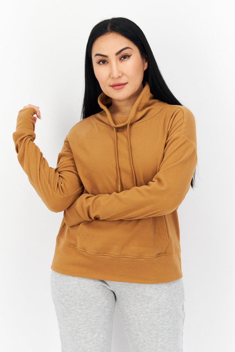 Bearpaw Women Cowl Neck Long Sleeve Plain Sweatshirt , Khaki - Image 1