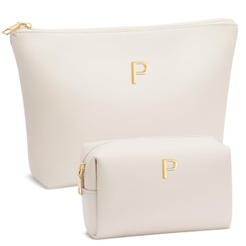 CLOUDWINGS Graduation Gifts Initial Makeup Bag for Women Personalized Gifts for Bridesmaid Teachers Friend Female College Cosmetic Travel Toiletry BagBeigeP - Image 1
