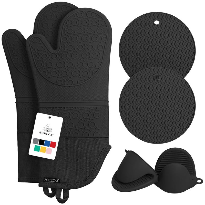 Rorecay Extra Long Oven Mitts and Pot Holders Sets: Heat Resistant Silicone Mittens with Mini Gloves Hot Pads Potholders for Kitchen Baking Cooking  Quilted Liner  Black  Pack of 6 - Image 1
