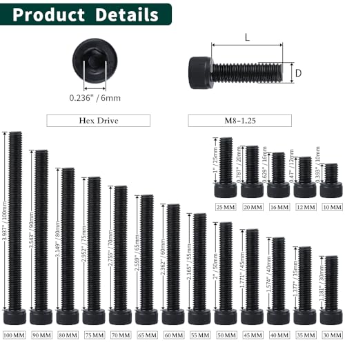 EASTLO M8-1.25 x 30mm Socket Head Cap Screws, 12.9 Grade Alloy Steel, Black Oxide Finish, Full Thread, Coarse Thread, Allen Hex Drive, 20 pcs - Image 4