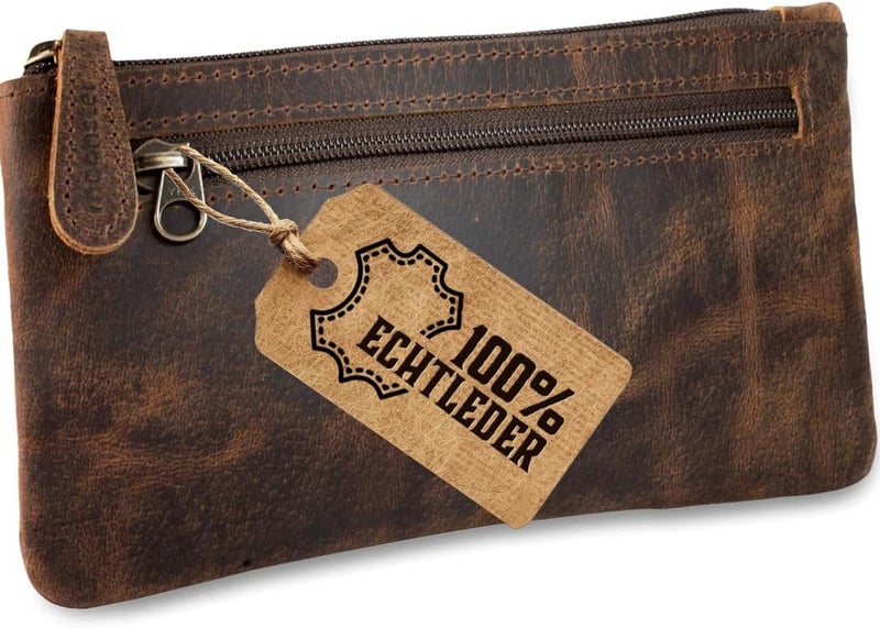 moonster Leather Pencil Case Pouch, Handcrafted Leather Pen Case with Zipper That’s Made To Last - Elegant & Practical Brown Leather Pencil Cases for Adults - Unique 8" x 4" Design with Side Pocket - Image 1