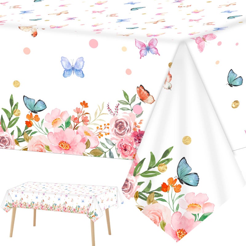 Tevxj 3 PCS Butterfly Birthday Tablecloths for Floral Butterfly Party Decorations Spring Summer Flower Plastic Disposable Rectangle Table Cover for Girls Baby Shower Weddings Tea Party Supplies Favors - Image 2