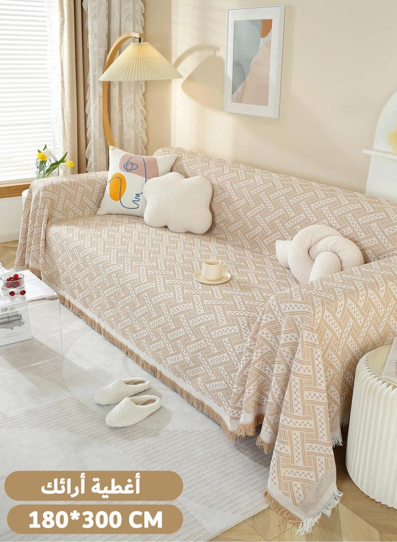 3 Seater Oversized Sofa Cover 180*300 CM All-Season Couch Cover Double-Sided Fringed Sofa Cover Large Sofa Slipcovers for L Shaped Couch All-Inclusive Sectional Couch Cover Soft Sofa Throws Blanket Knitted Throws Versatile Camping Mat, Picnic Blanket for Couch Sofa Bed Chair, Geometric Pattern, Khaki White - Image 1