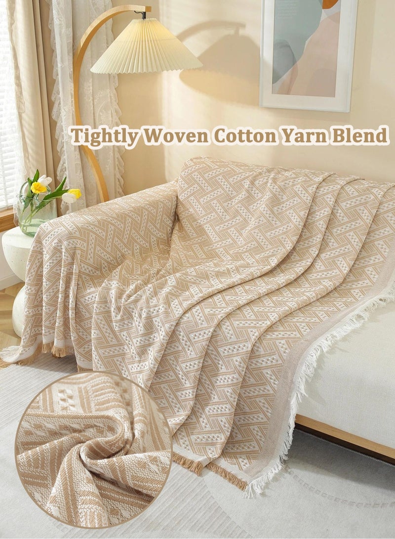 3 Seater Oversized Sofa Cover 180*300 CM All-Season Couch Cover Double-Sided Fringed Sofa Cover Large Sofa Slipcovers for L Shaped Couch All-Inclusive Sectional Couch Cover Soft Sofa Throws Blanket Knitted Throws Versatile Camping Mat, Picnic Blanket for Couch Sofa Bed Chair, Geometric Pattern, Khaki White - Image 3