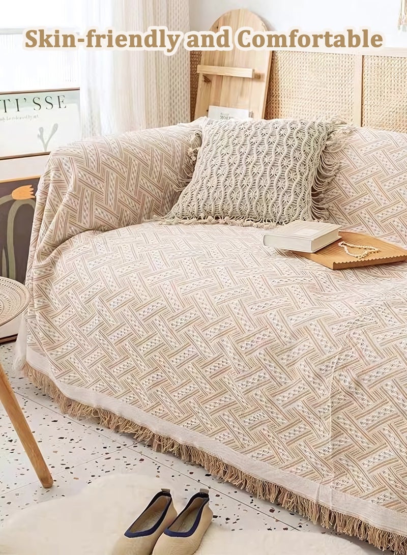 3 Seater Oversized Sofa Cover 180*300 CM All-Season Couch Cover Double-Sided Fringed Sofa Cover Large Sofa Slipcovers for L Shaped Couch All-Inclusive Sectional Couch Cover Soft Sofa Throws Blanket Knitted Throws Versatile Camping Mat, Picnic Blanket for Couch Sofa Bed Chair, Geometric Pattern, Khaki White - Image 4