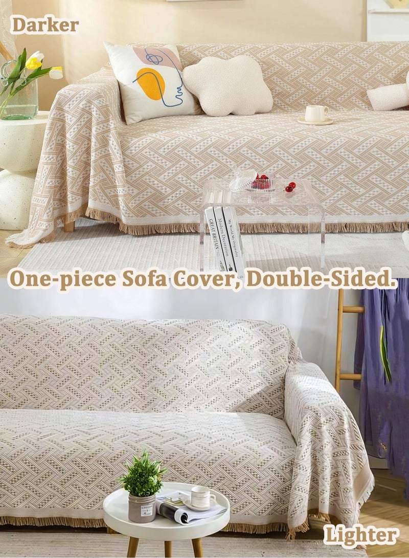 3 Seater Oversized Sofa Cover 180*300 CM All-Season Couch Cover Double-Sided Fringed Sofa Cover Large Sofa Slipcovers for L Shaped Couch All-Inclusive Sectional Couch Cover Soft Sofa Throws Blanket Knitted Throws Versatile Camping Mat, Picnic Blanket for Couch Sofa Bed Chair, Geometric Pattern, Khaki White - Image 5