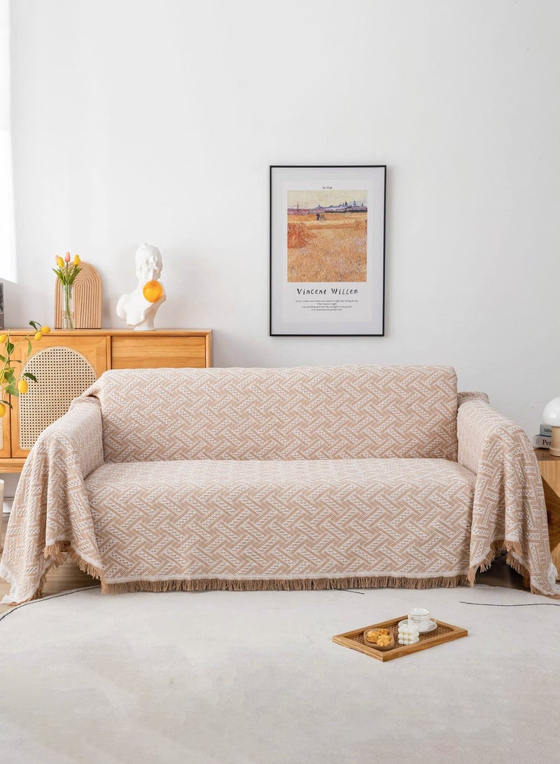 3 Seater Oversized Sofa Cover 180*300 CM All-Season Couch Cover Double-Sided Fringed Sofa Cover Large Sofa Slipcovers for L Shaped Couch All-Inclusive Sectional Couch Cover Soft Sofa Throws Blanket Knitted Throws Versatile Camping Mat, Picnic Blanket for Couch Sofa Bed Chair, Geometric Pattern, Khaki White - Image 2