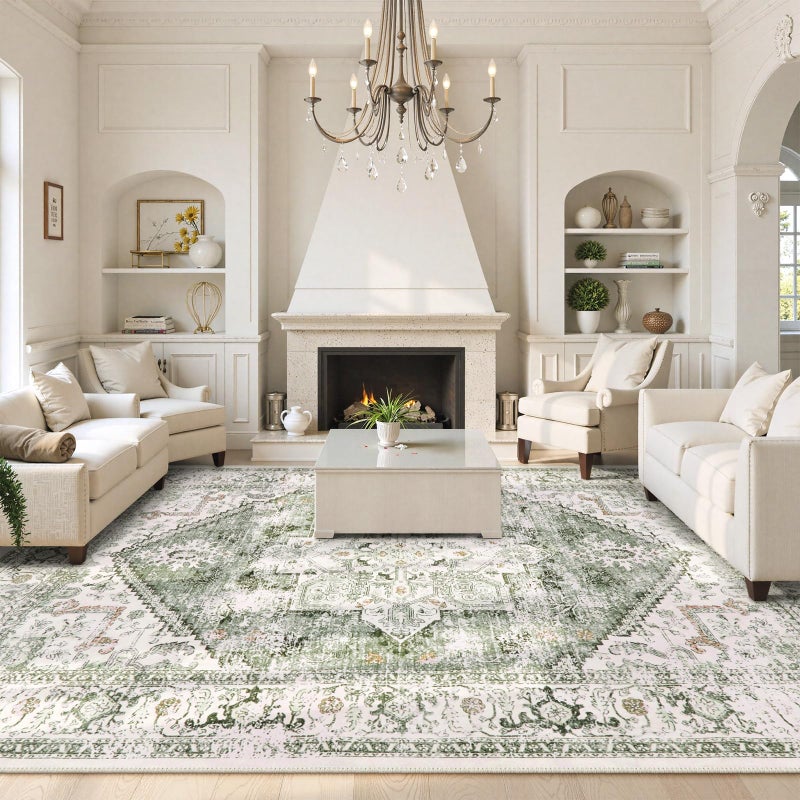 LIVEBOX Washable 9x12 Area Rugs, Large Rugs for Living Room Boho Soft Non-Slip Rug, Low-Pile Vintage Medallion Rug, Retro Indoor Carpet for Dining Room Bedroom Office Sage Green - Image 1