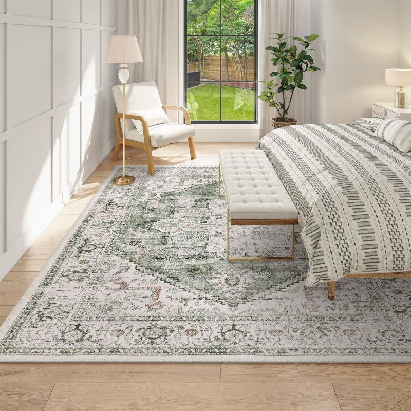 LIVEBOX Washable 9x12 Area Rugs, Large Rugs for Living Room Boho Soft Non-Slip Rug, Low-Pile Vintage Medallion Rug, Retro Indoor Carpet for Dining Room Bedroom Office Sage Green - Image 5