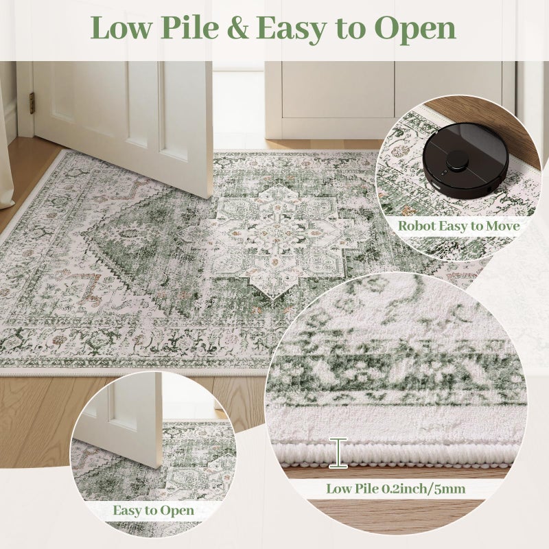 LIVEBOX Washable 9x12 Area Rugs, Large Rugs for Living Room Boho Soft Non-Slip Rug, Low-Pile Vintage Medallion Rug, Retro Indoor Carpet for Dining Room Bedroom Office Sage Green - Image 3