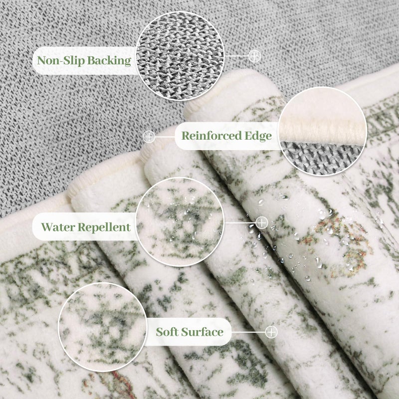 LIVEBOX Washable 9x12 Area Rugs, Large Rugs for Living Room Boho Soft Non-Slip Rug, Low-Pile Vintage Medallion Rug, Retro Indoor Carpet for Dining Room Bedroom Office Sage Green - Image 2