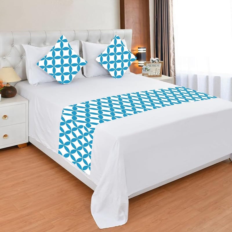 BLUEDOT Premium Velvet Quilted Set of Bed Runner (16 x 96 inches) and 2 Cushion Covers (16 x 16 inches) Combo Set- Green (Blue Rangoli) - Image 1