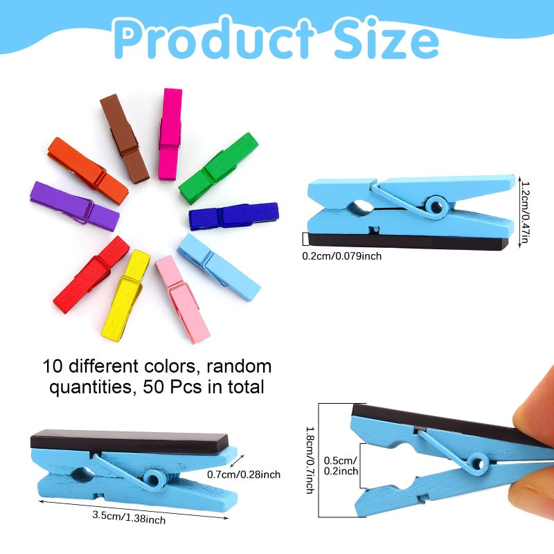 EMUTOL 50Pcs Multicolored Magnetic Clips, Colorful Magnet Wooden Photo Clips for Pictures, Fridge Magnets for Whiteboard Office Classroom, Small Magnetic Clothespins for Teaching Supplies Party Decorations - Image 2