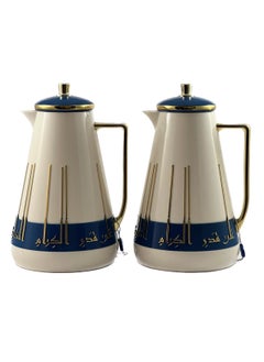 Homemaker 2-Piece Tea & Coffee Flask - 1 Liter & 1 Liter Capacity - Glass Inner - ABS Body - White & Blue & Gold  - Image 1