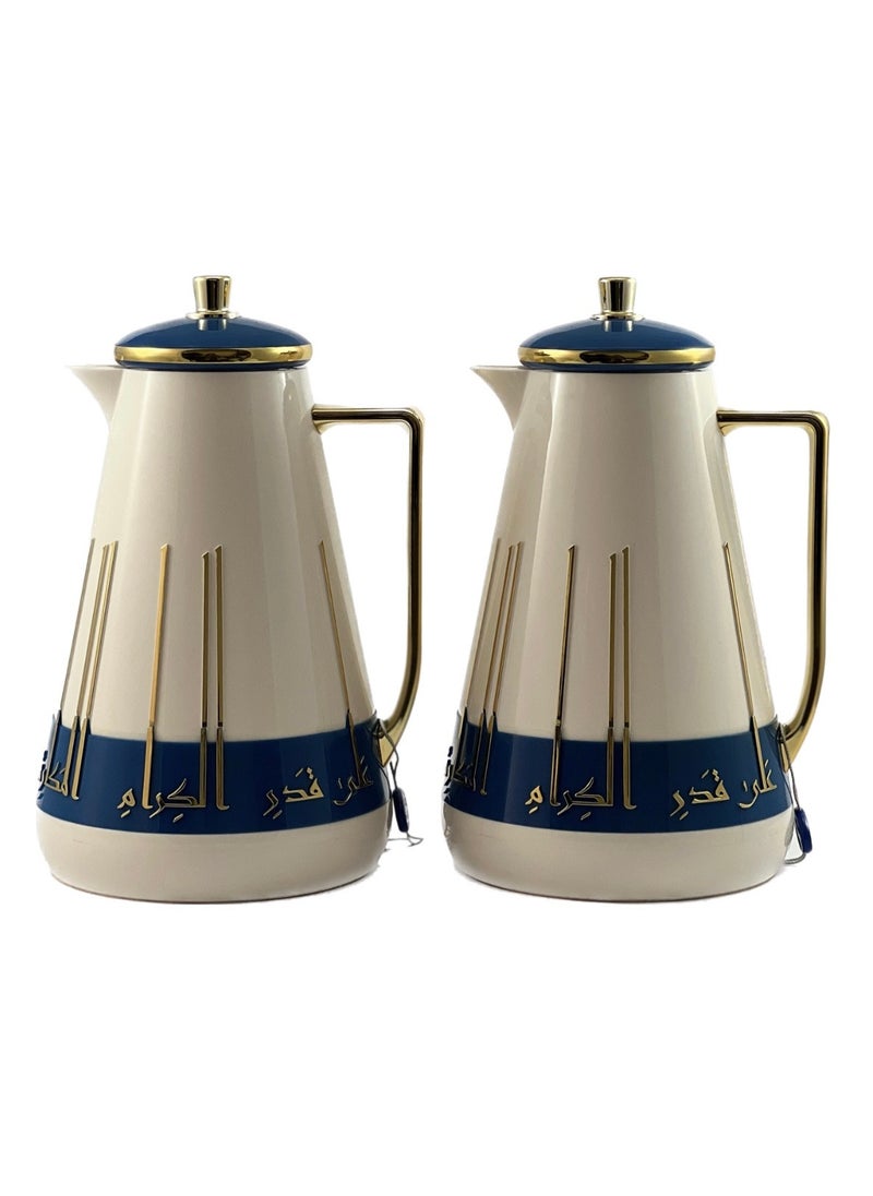 Homemaker 2-Piece Tea & Coffee Flask - 1 Liter & 1 Liter Capacity - Glass Inner - ABS Body - White & Blue & Gold  - Image 1