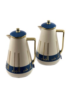 Homemaker 2-Piece Tea & Coffee Flask - 1 Liter & 1 Liter Capacity - Glass Inner - ABS Body - White & Blue & Gold  - Image 2