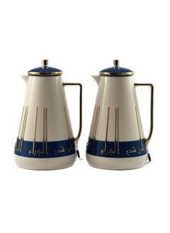 Homemaker 2-Piece Tea & Coffee Flask - 1 Liter & 1 Liter Capacity - Glass Inner - ABS Body - White & Blue & Gold  - Image 3