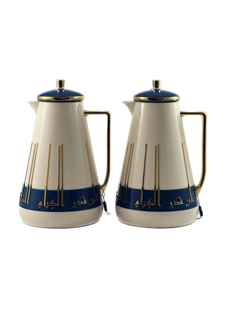 Homemaker 2-Piece Tea & Coffee Flask - 1 Liter & 1 Liter Capacity - Glass Inner - ABS Body - White & Blue & Gold  - Image 3