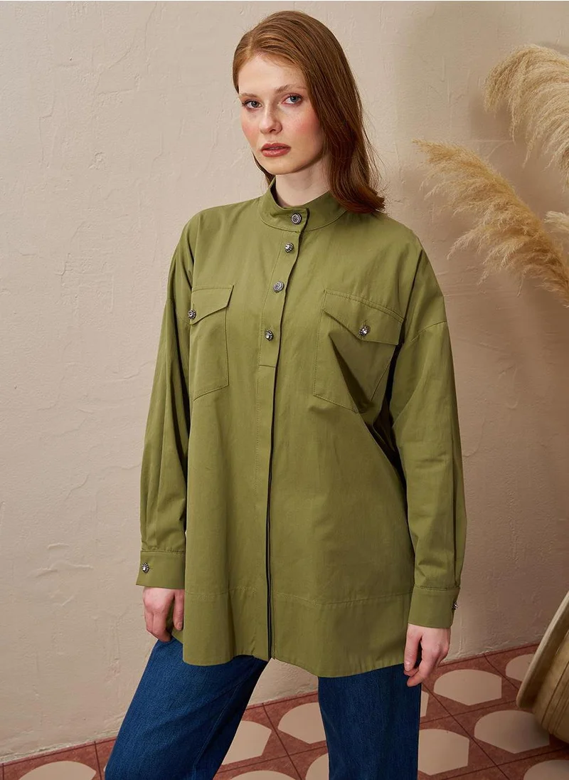 Kayra Shiny Buttoned Stand Collar Blouse Khaki