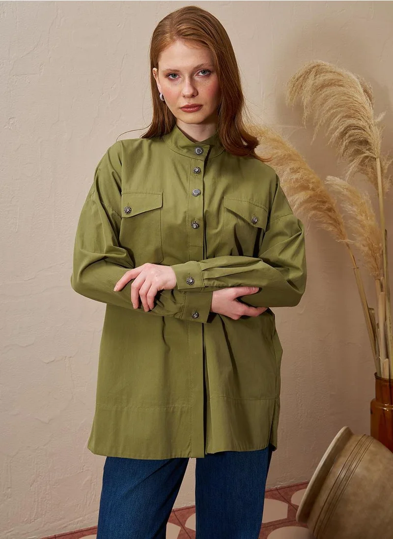 Kayra Shiny Buttoned Stand Collar Blouse Khaki