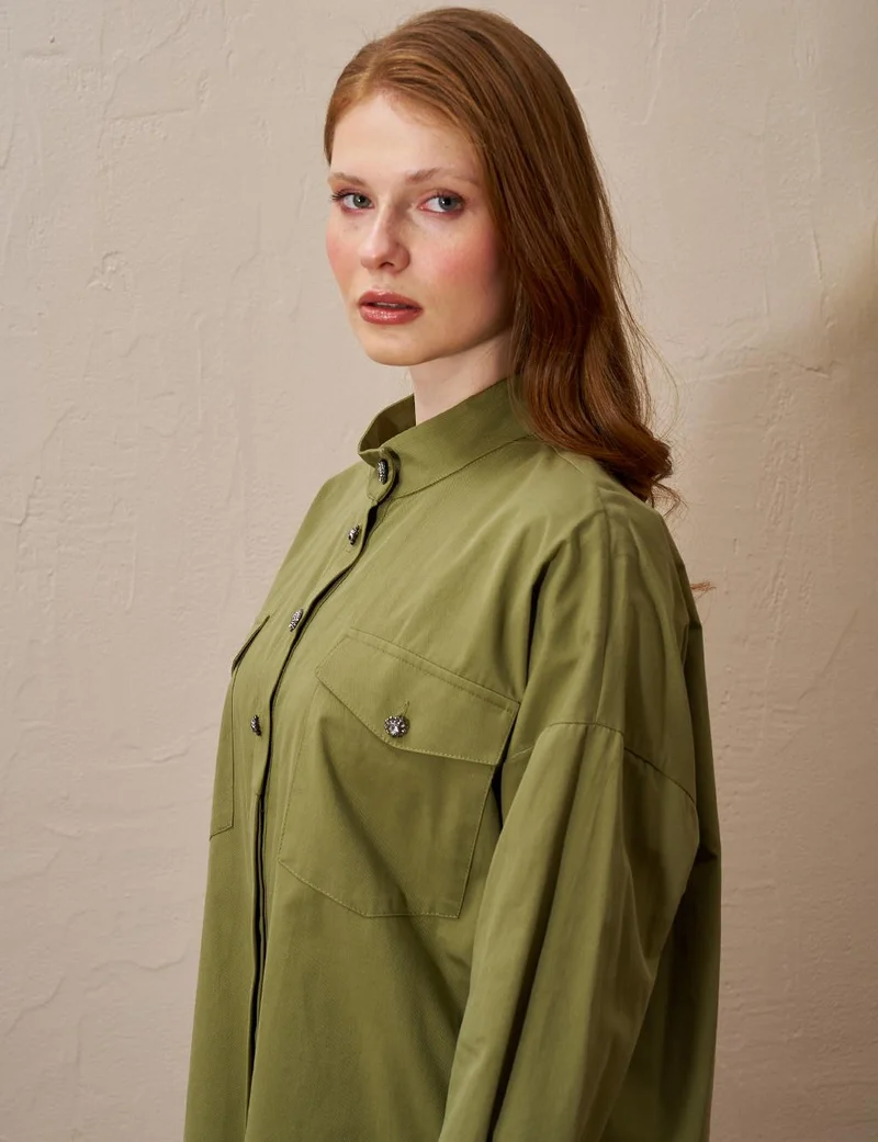 Kayra Shiny Buttoned Stand Collar Blouse Khaki