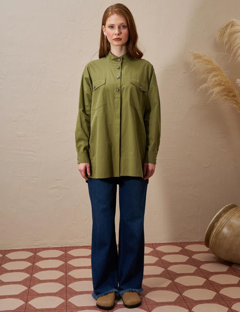 Kayra Shiny Buttoned Stand Collar Blouse Khaki
