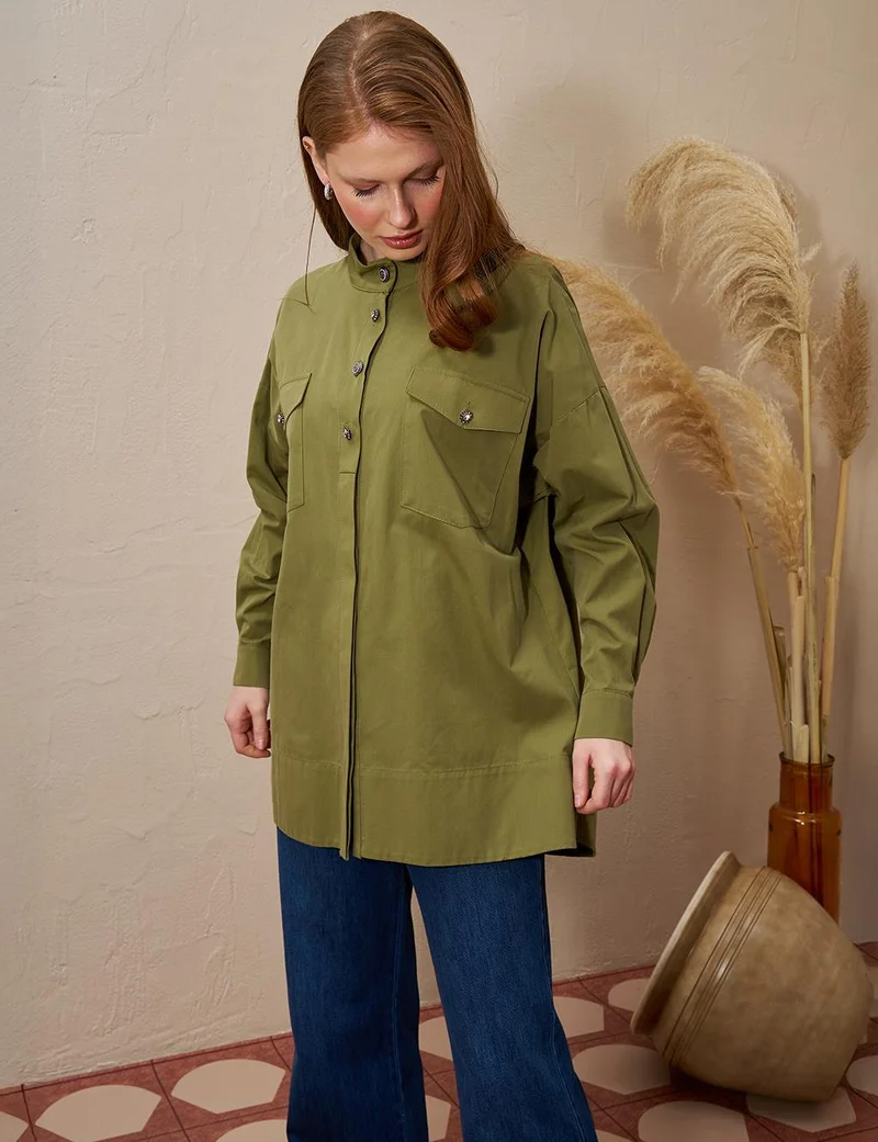 Kayra Shiny Buttoned Stand Collar Blouse Khaki