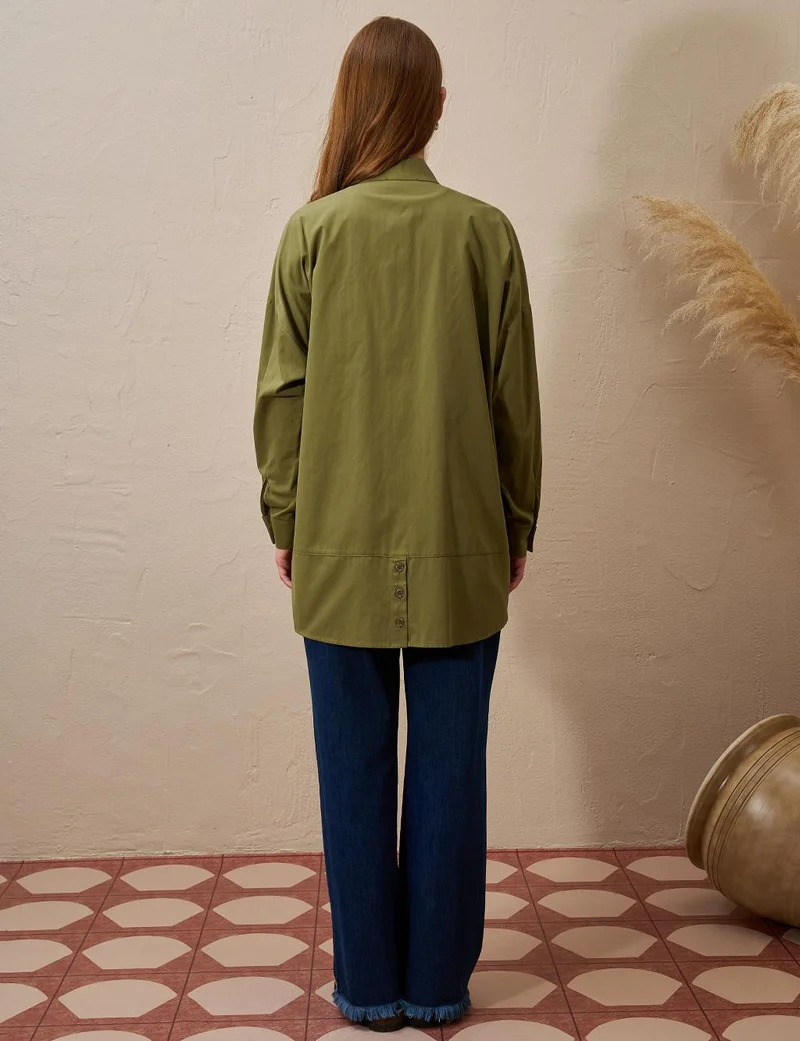 Kayra Shiny Buttoned Stand Collar Blouse Khaki