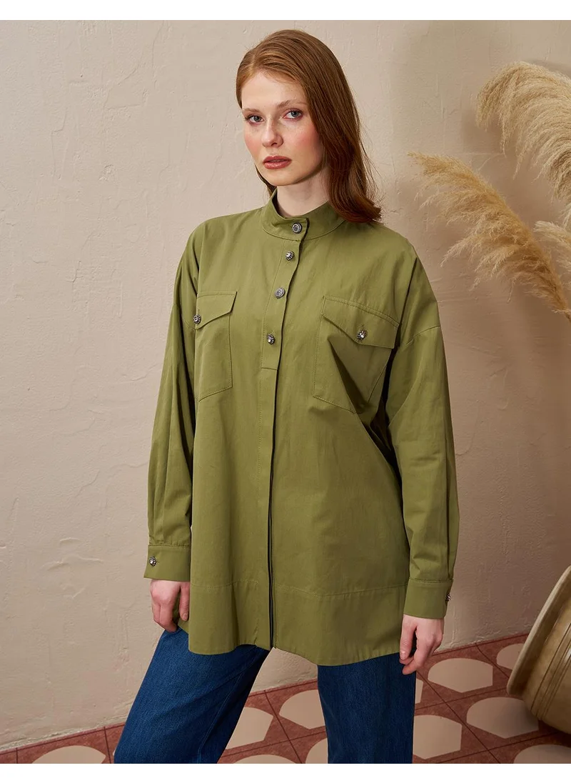 Kayra Shiny Buttoned Stand Collar Blouse Khaki