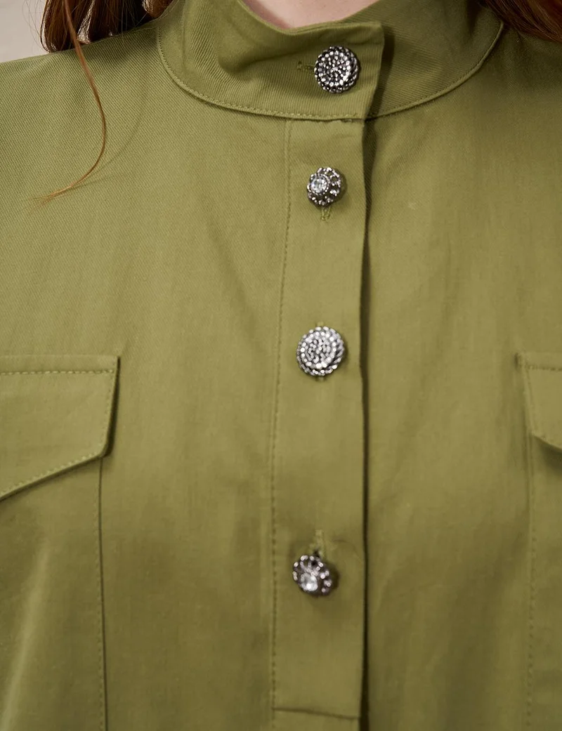 Kayra Shiny Buttoned Stand Collar Blouse Khaki