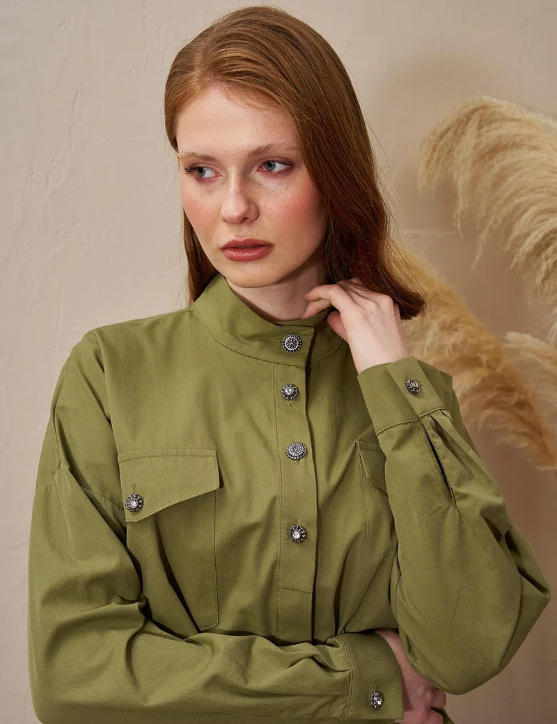 Kayra Shiny Buttoned Stand Collar Blouse Khaki