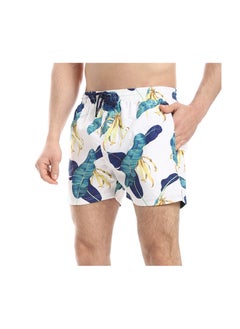 Pavone Slash Pockets Leaf Pattern Swim Shorts - White, Teal Green & Yellow  - Image 2