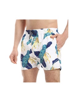 Pavone Slash Pockets Leaf Pattern Swim Shorts - White, Teal Green & Yellow  - Image 4